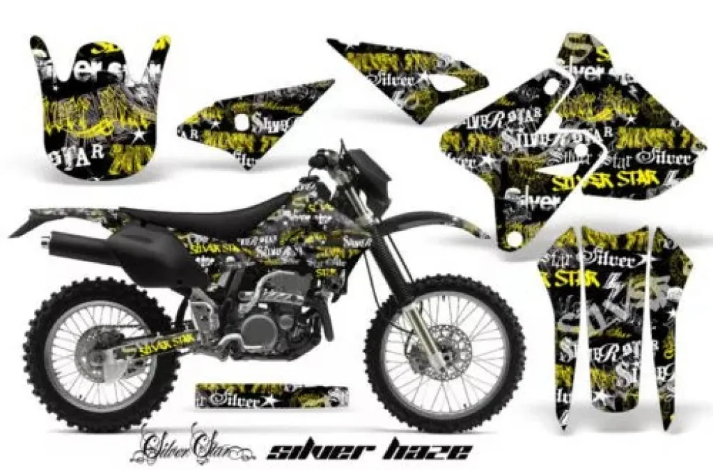 SilverStar - Silverhaze Hintergrund = Schwarz, Designfarbe = Gelb ohne Nummernfeldern für Kawasaki KLX400 2000-2016
