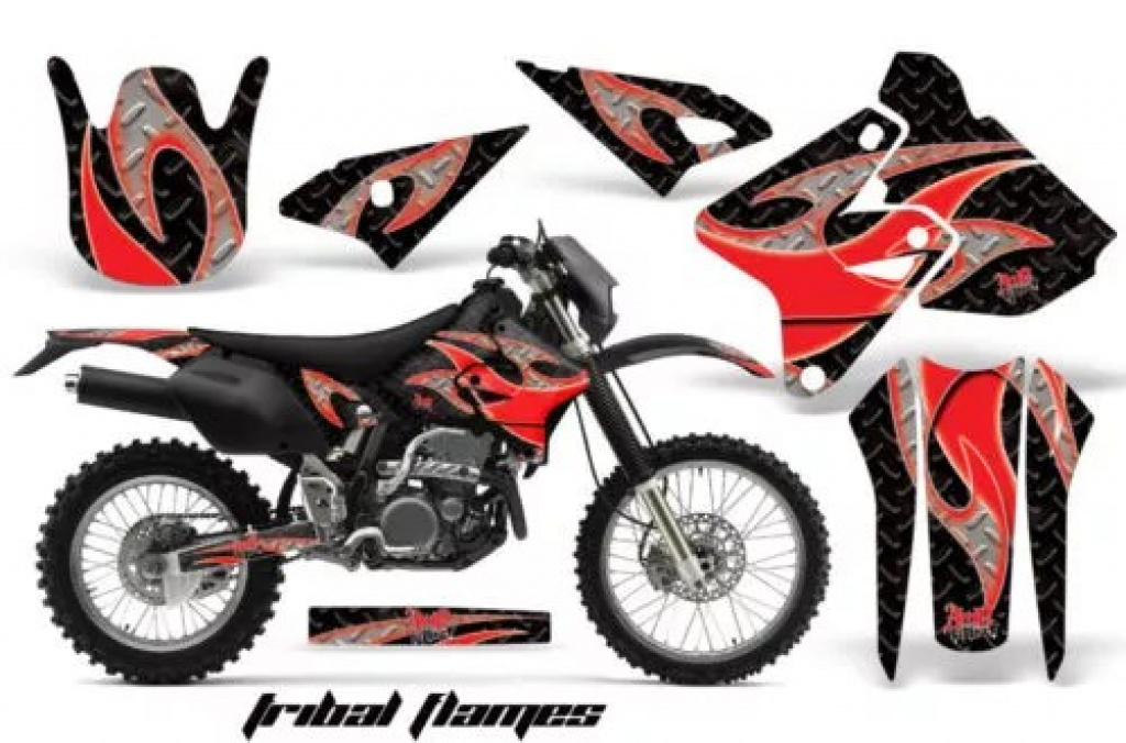 Tribal Flames Background = Black, Design color = Red without number plates for Kawasaki KLX400 2000-2016