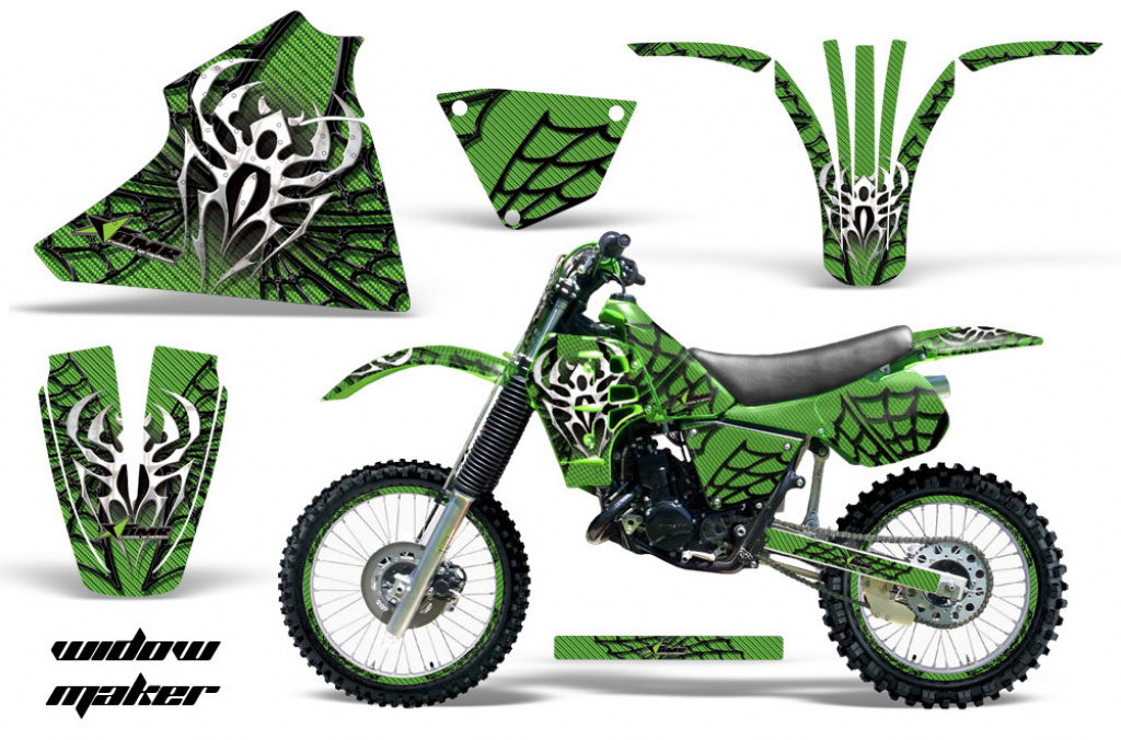 Widow Maker Hintergrund = Grün, Designfarbe = Schwarz mit Nummernfeldern für Kawasaki KX125 1983-1985