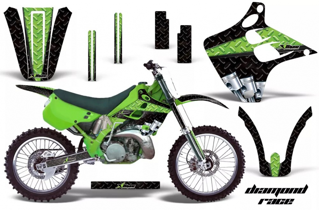 Diamond Race Hintergrund = Schwarz, Designfarbe = Grün ohne Nummernfeldern für Kawasaki KX125/250 1990-1991