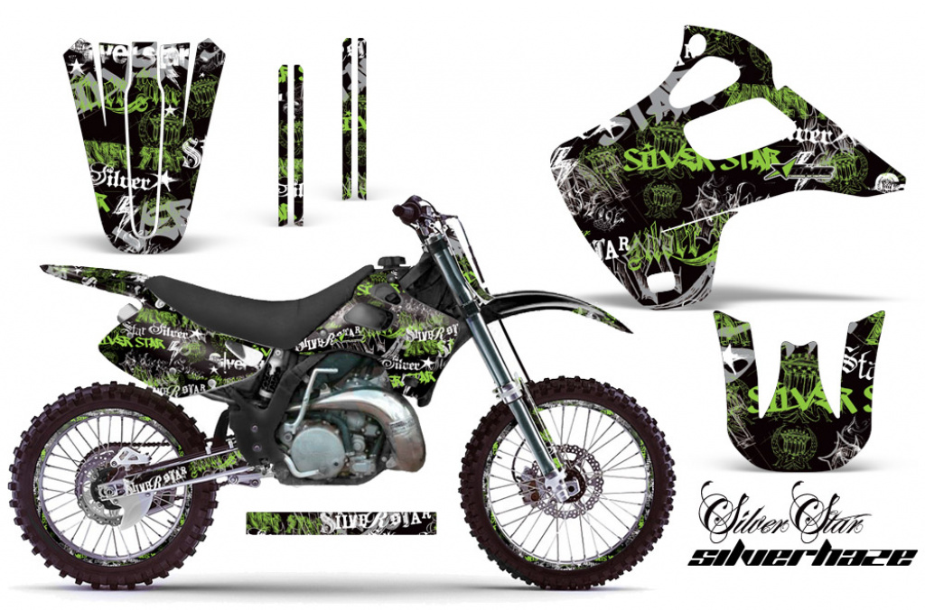 SilverStar - Silverhaze Hintergrund = Schwarz, Designfarbe = Grün mit Nummernfeldern für Kawasaki KX125/250 1992-1993