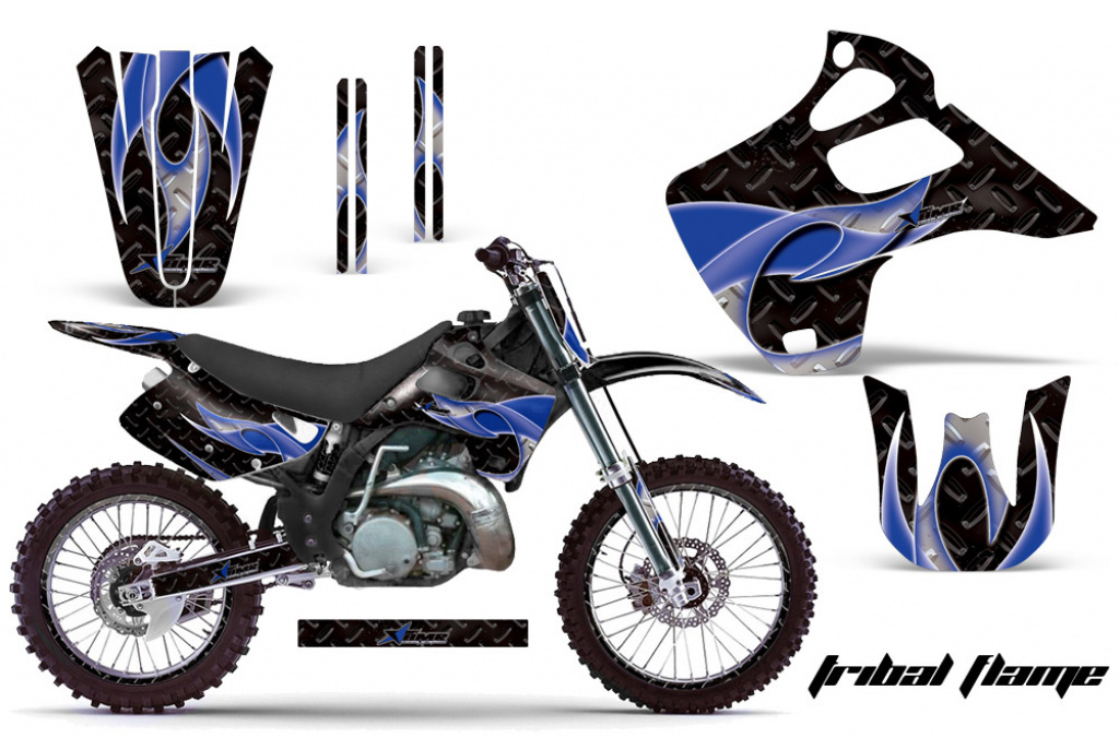 Tribal Flames Hintergrund = Schwarz, Designfarbe = Blau mit Nummernfeldern für Kawasaki KX125/250 1992-1993