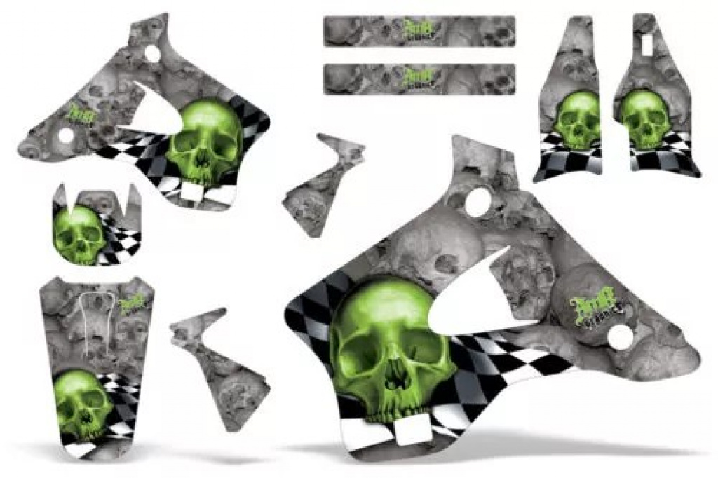Checkered Skull Hintergrund = Silber, Designfarbe = Grün ohne Nummernfeldern für Kawasaki KX125/250 1994-1998
