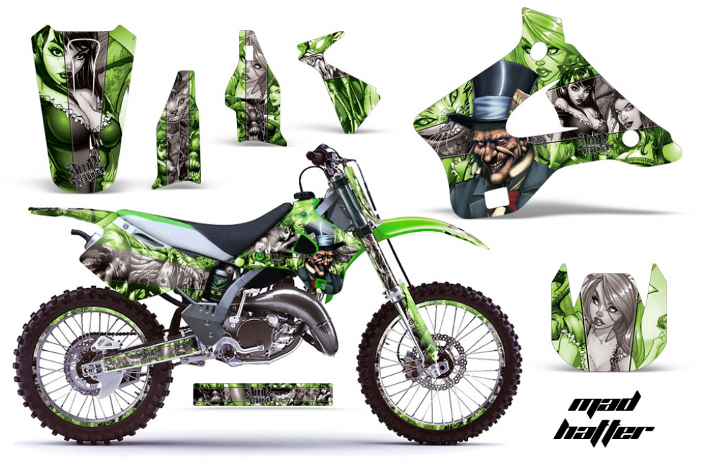 Mad-Hatter Hintergrund = Grün, Designfarbe = Silber mit Nummernfeldern für Kawasaki KX125/250 1994-1998
