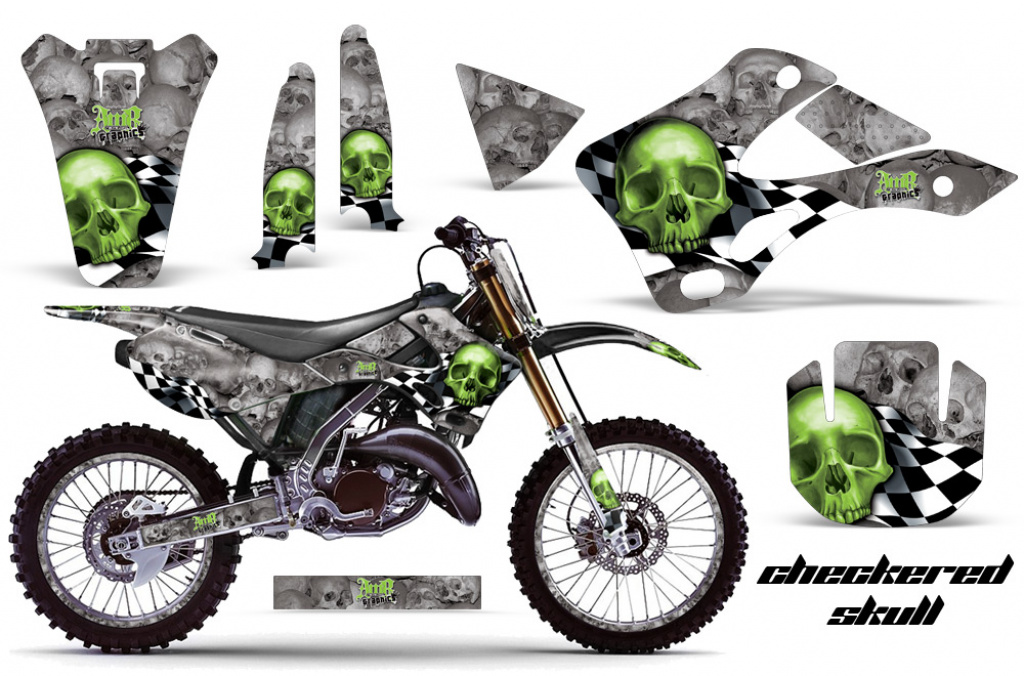 Checkered Skull Hintergrund = Silber, Designfarbe = Grün mit Nummernfeldern für Kawasaki KX125/250 1999-2002