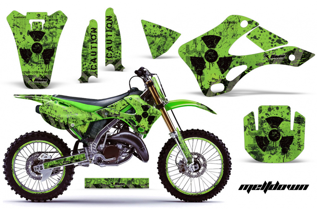 Meltdown Hintergrund = Grün, Designfarbe = Schwarz mit Nummernfeldern für Kawasaki KX125/250 1999-2002