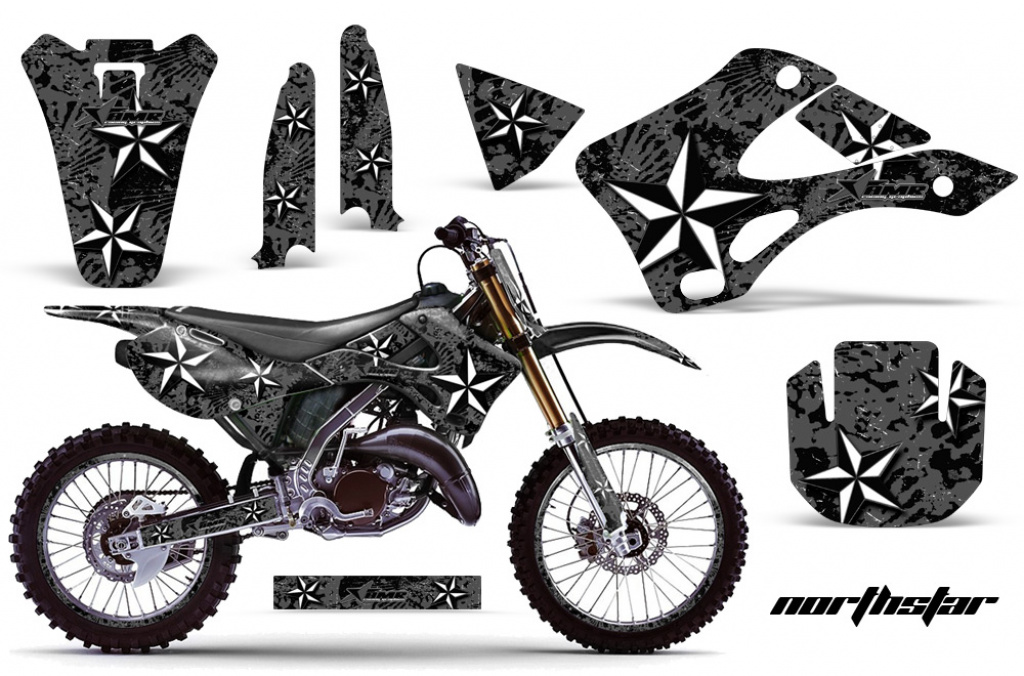 Northstar Hintergrund = Schwarz, Designfarbe = Weiß mit Nummernfeldern für Kawasaki KX125/250 1999-2002