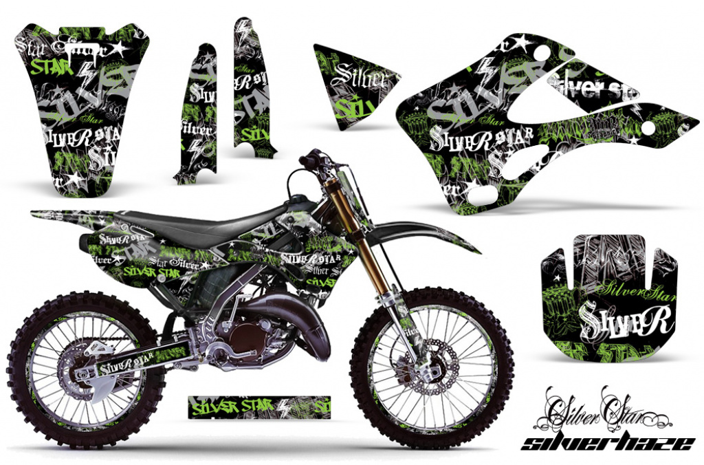 SilverStar - Silverhaze Hintergrund = Schwarz, Designfarbe = Grün mit Nummernfeldern für Kawasaki KX125/250 1999-2002
