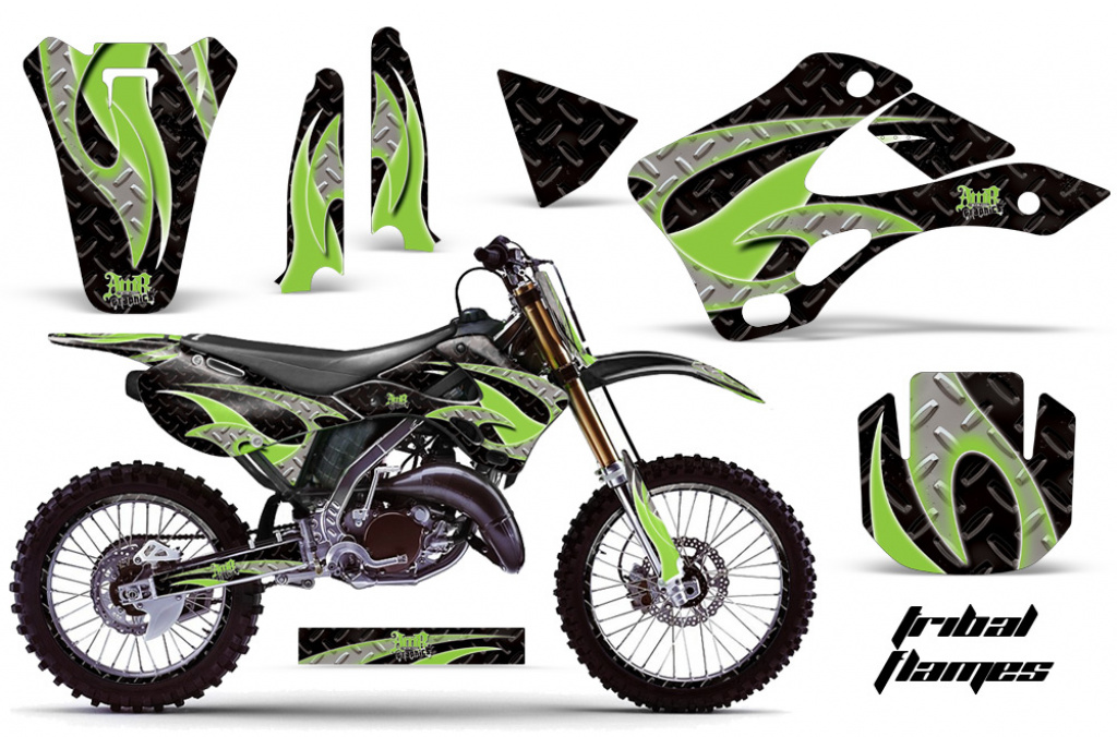 Tribal Flames Hintergrund = Schwarz, Designfarbe = Grün mit Nummernfeldern für Kawasaki KX125/250 1999-2002