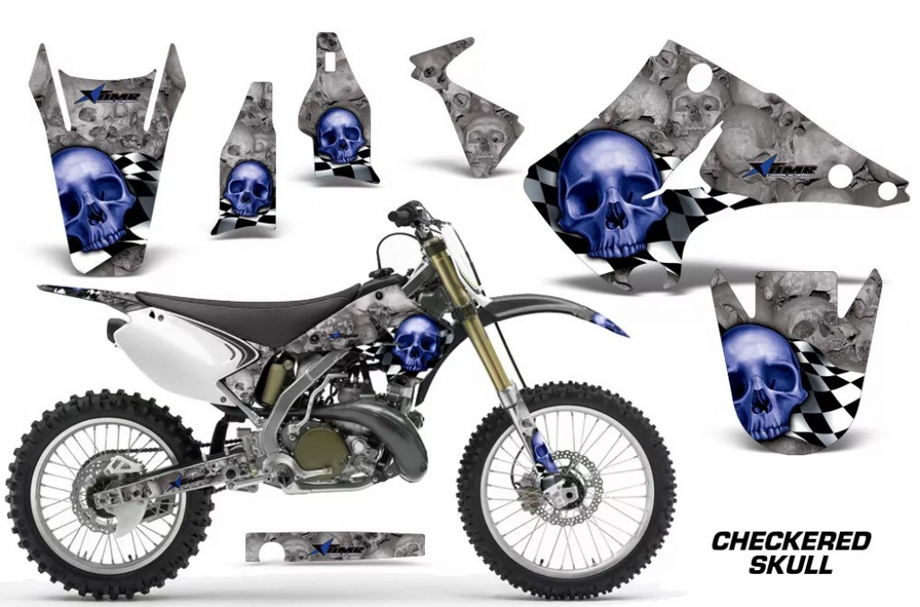 Checkered Skull Hintergrund = Silber, Designfarbe = Blau ohne Nummernfeldern für Kawasaki KX125/250 2003-2016