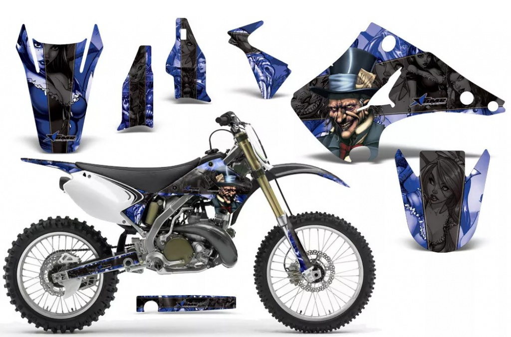 Mad-Hatter Hintergrund = Blau, Designfarbe = Schwarz ohne Nummernfeldern für Kawasaki KX125/250 2003-2016