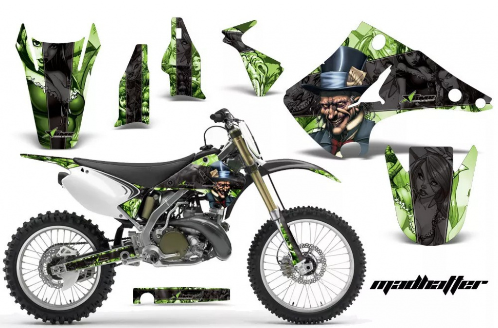 Mad-Hatter Hintergrund = Grün, Designfarbe = Schwarz ohne Nummernfeldern für Kawasaki KX125/250 2003-2016