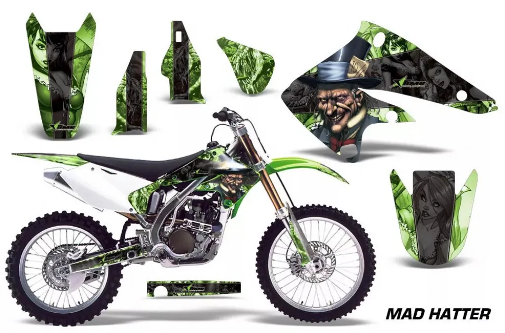 Mad-Hatter Hintergrund = Grün, Designfarbe = Schwarz ohne Nummernfeldern für Kawasaki KX250F 2004-2005