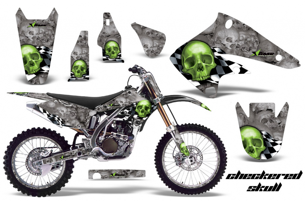 Checkered Skull Background = Silver, Design color = Green with number plates for Kawasaki KX250F 2004-2005