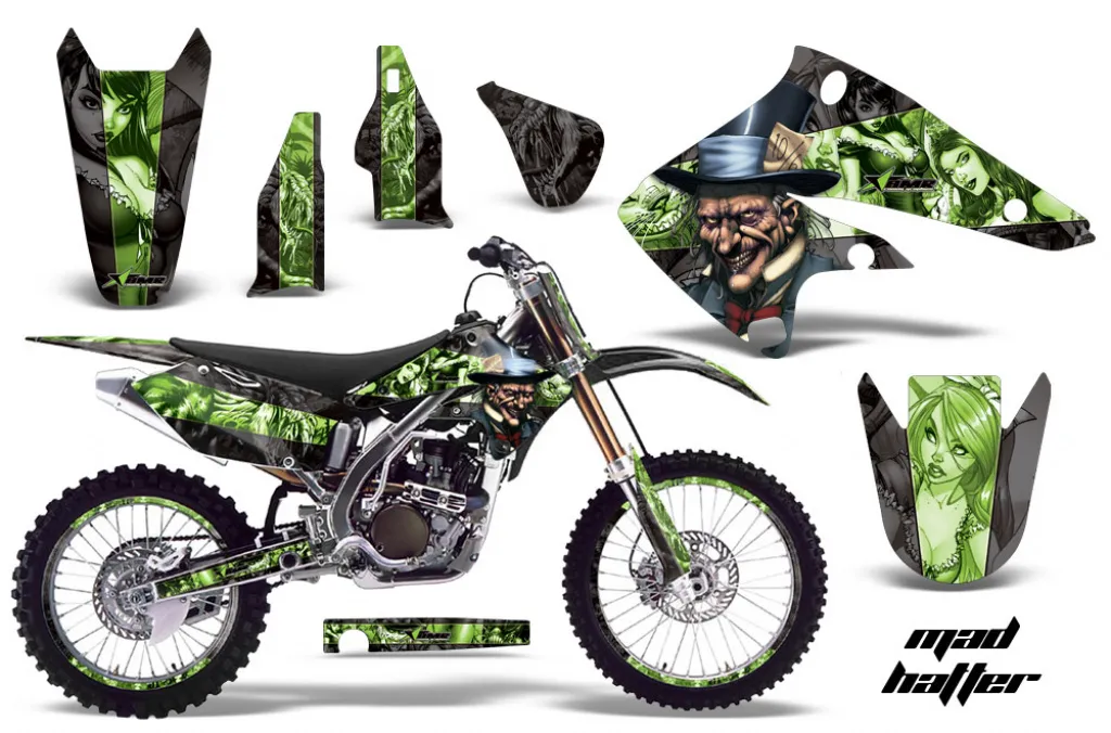 Mad-Hatter Hintergrund = Schwarz, Designfarbe = Grün mit Nummernfeldern für Kawasaki KX250F 2004-2005