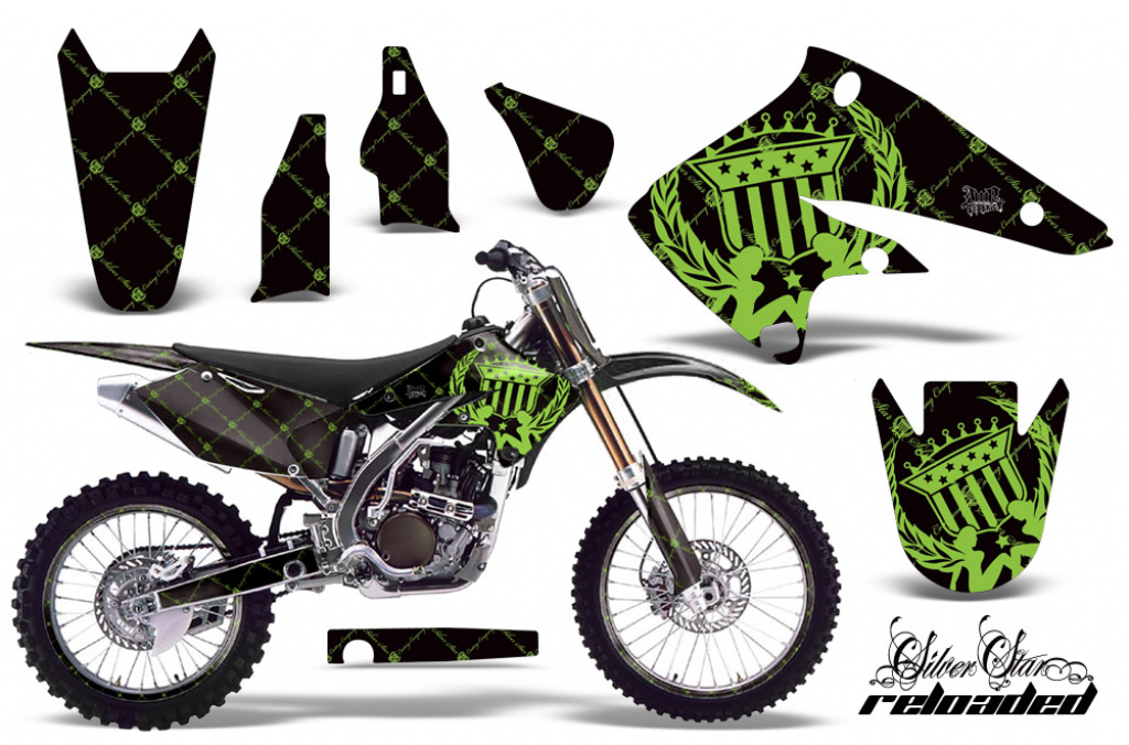 SilverStar - Reloaded Background = Black, Design color = Green with number plates for Kawasaki KX250F 2004-2005