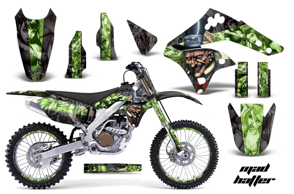 Mad-Hatter Hintergrund = Schwarz, Designfarbe = Grün mit Nummernfeldern für Kawasaki KX250F 2006-2008