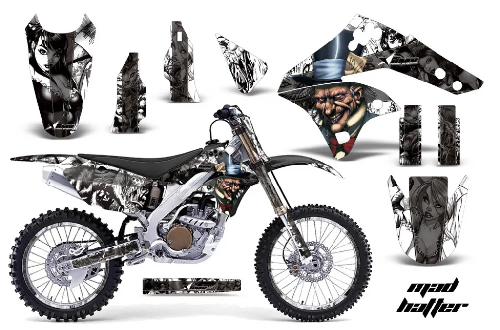 Mad-Hatter Hintergrund = Weiß, Designfarbe = Schwarz mit Nummernfeldern für Kawasaki KX250F 2006-2008
