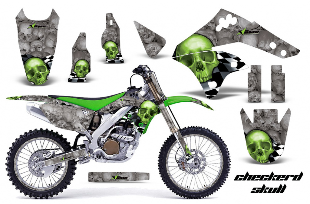 Checkered Skull Background = Silver, Design color = Green with number plates for Kawasaki KX250F 2006-2008