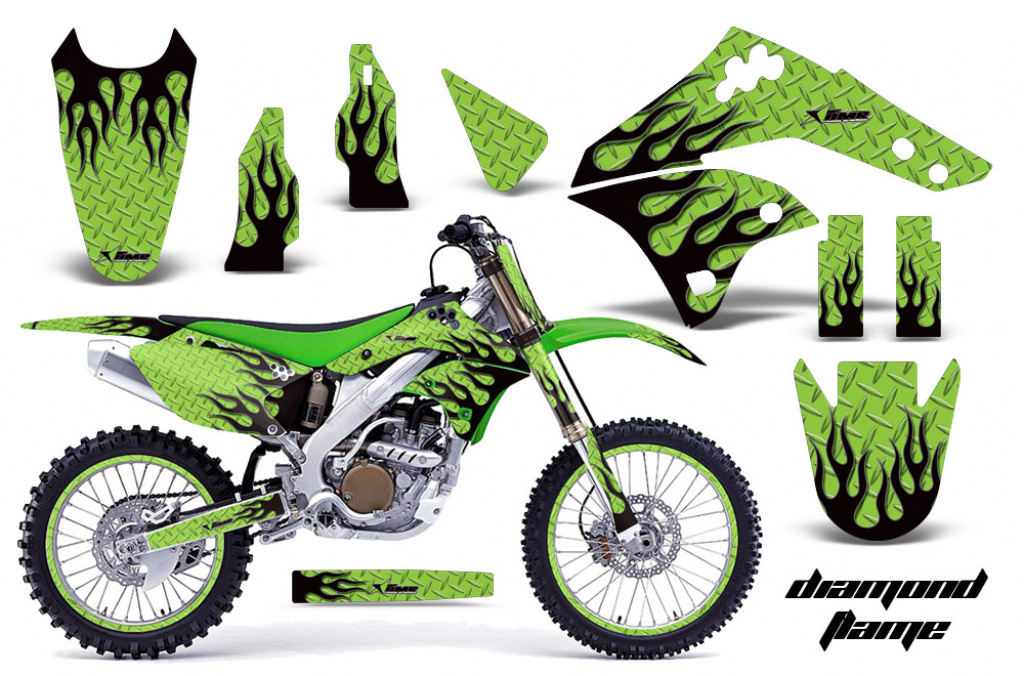Diamond Flames Background = Green, Design color = Black with number plates for Kawasaki KX250F 2006-2008