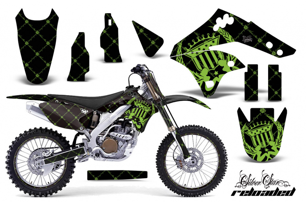SilverStar - Reloaded Background = Black, Design color = Green with number plates for Kawasaki KX250F 2006-2008
