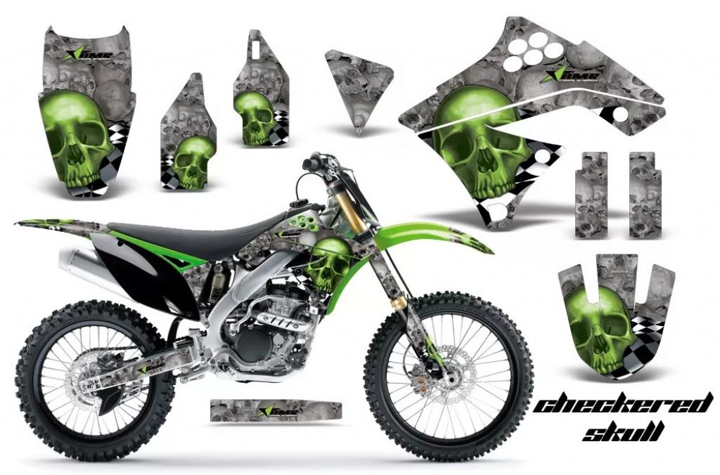 Checkered Skull Background = Silver, Design color = Green without number plates for Kawasaki KX250F 2009-2012
