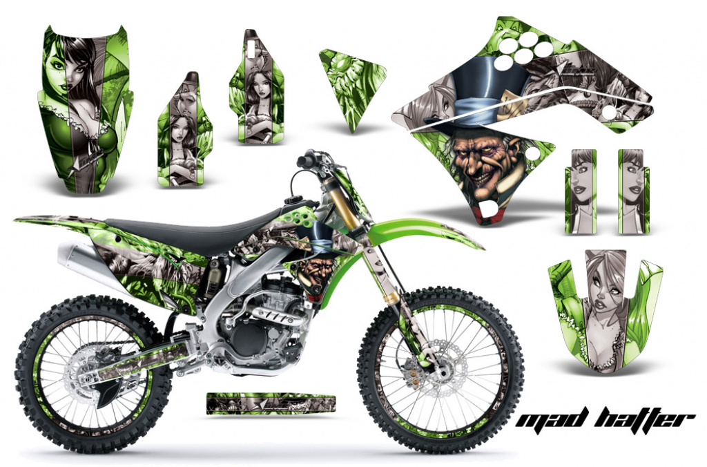 Mad-Hatter Background = Green, Design color = Silver with number plates for Kawasaki KX250F 2009-2012