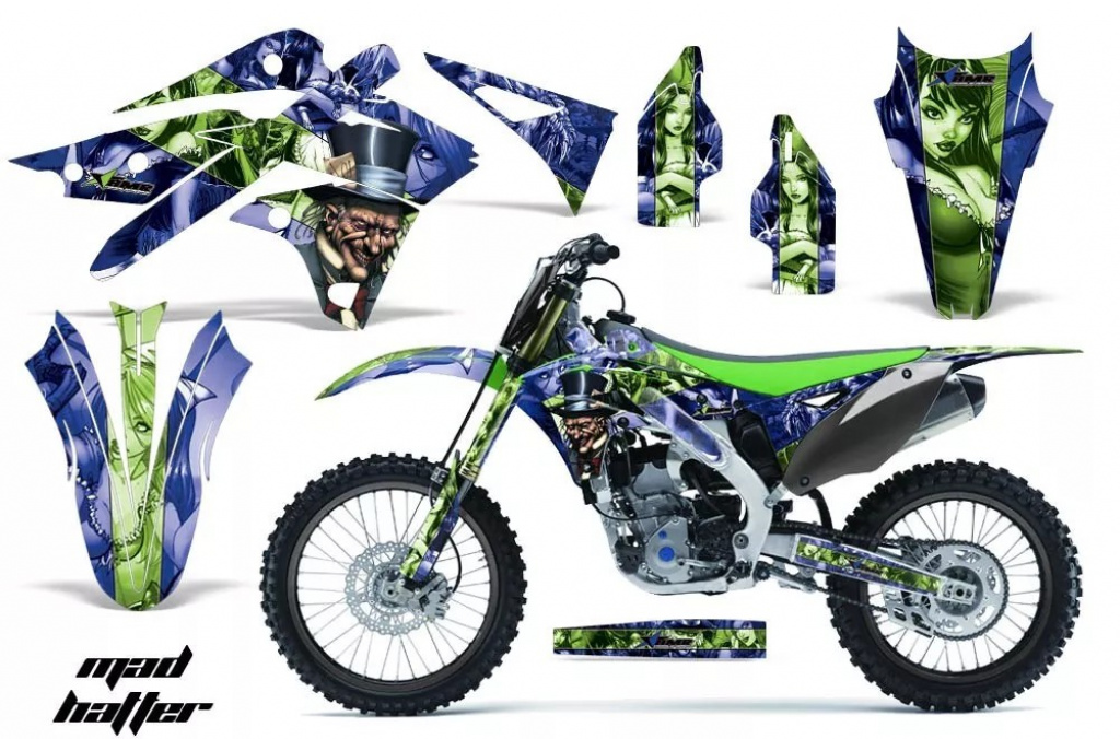 Mad-Hatter Hintergrund = Blau, Designfarbe = Green ohne Nummernfeldern für Kawasaki KX250F 2013-2016