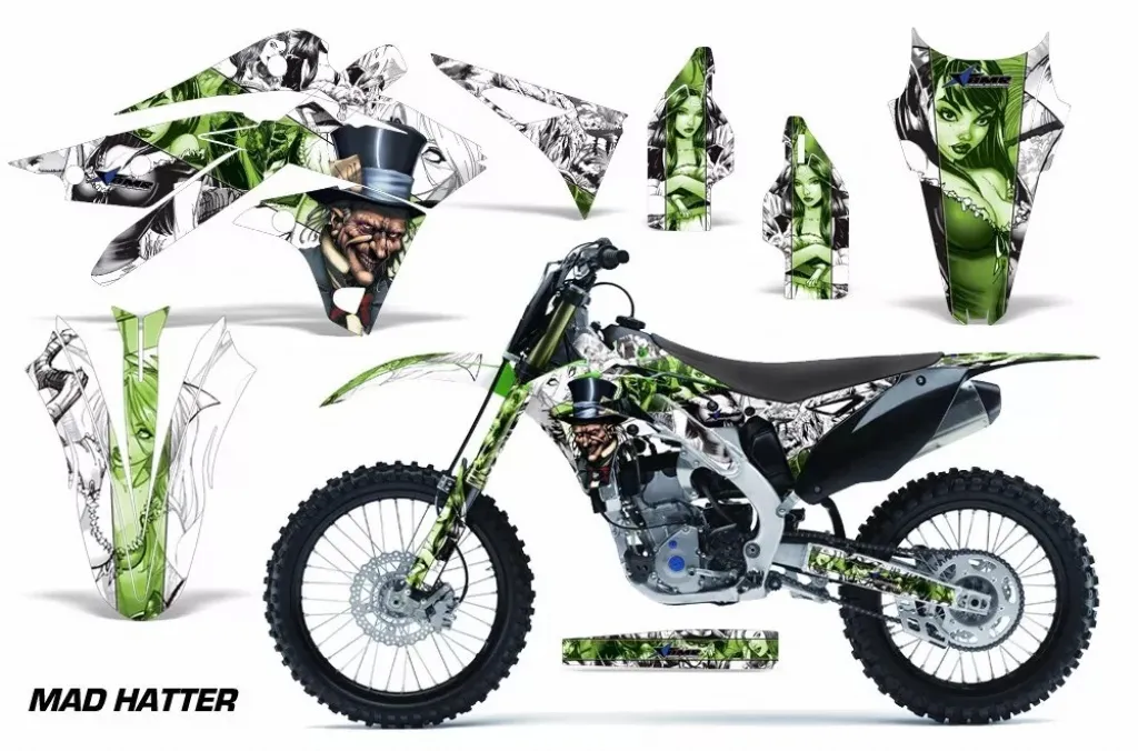 Mad-Hatter Hintergrund = Weiß, Designfarbe = Grün ohne Nummernfeldern für Kawasaki KX250F 2013-2016