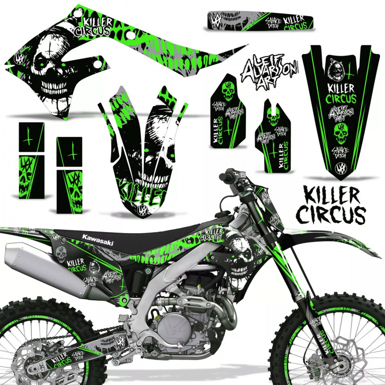 Killer Circus Background = Silver, Design color = Green with number plates for Kawasaki KX450F 2019-2023