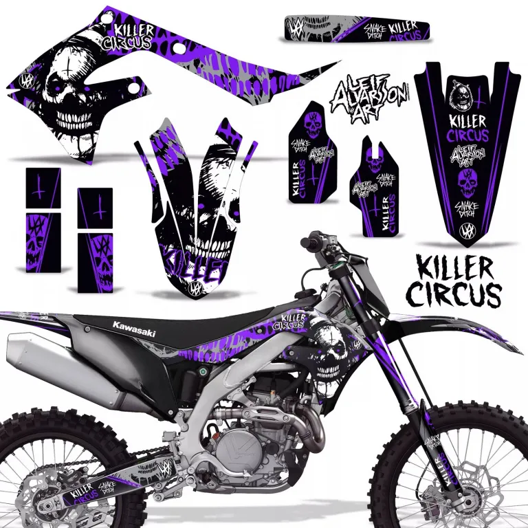 Killer Circus Hintergrund = Silber, Designfarbe = Lila ohne Nummernfeldern für Kawasaki KX250F 2021-2024