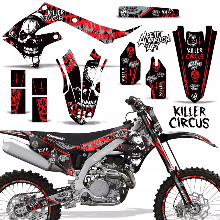 Killer Circus Background = Silver, Design color = Red with number plates for Kawasaki KX450F 2019-2023