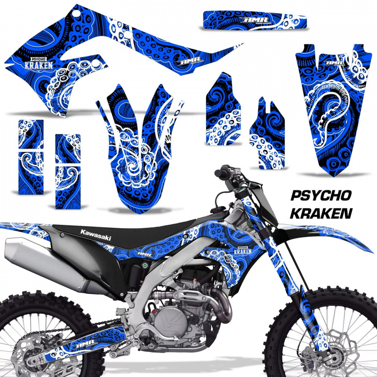 Psycho Kraken Background = Black, Design color = Blue without number plates for Kawasaki KX450F 2019-2023