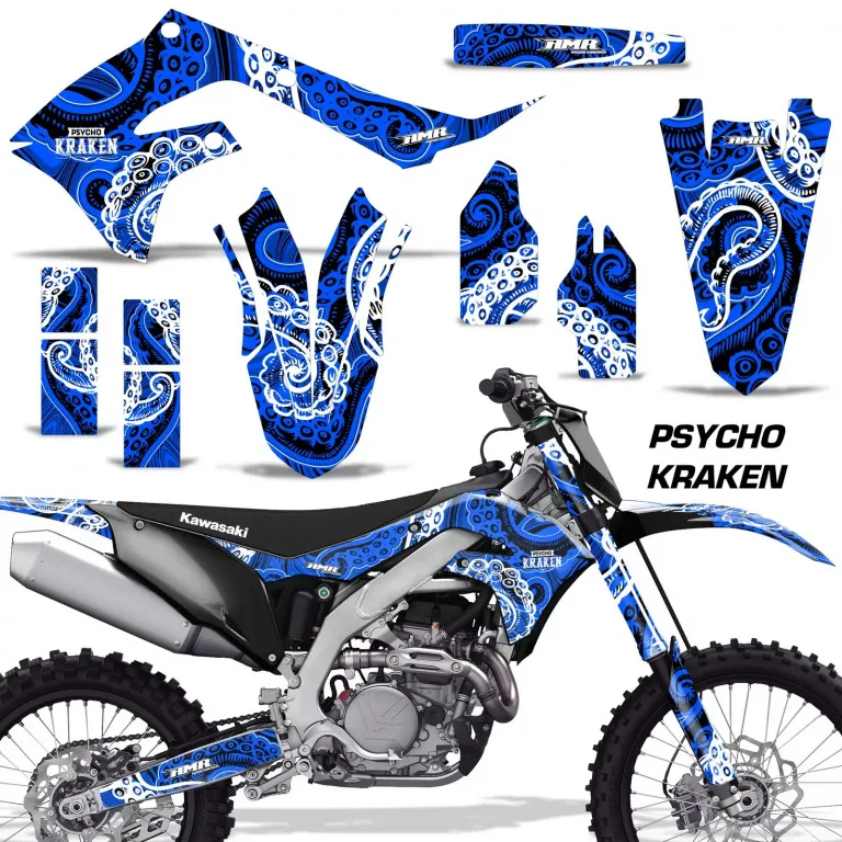 Psycho Kraken Hintergrund = Schwarz, Designfarbe = Blau ohne Nummernfeldern für Kawasaki KX250F 2021-2024