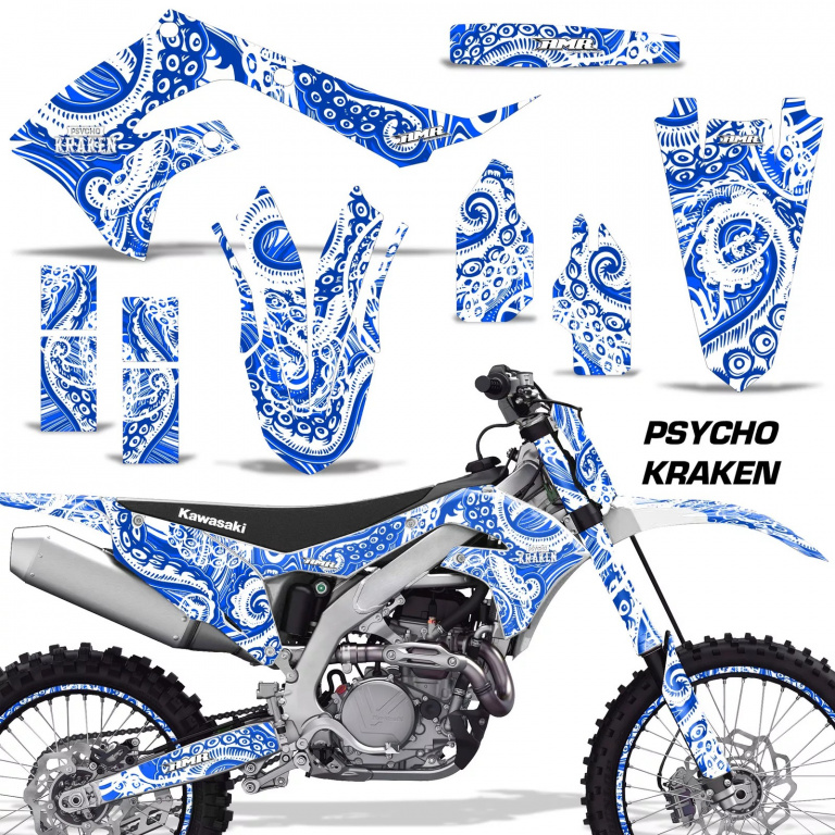 Psycho Kraken Background = Blue, Design color = White with number plates for Kawasaki KX450F 2019-2023