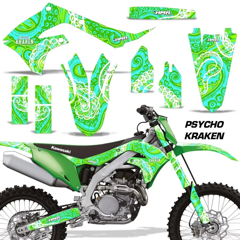 Psycho Kraken Hintergrund = Grün, Designfarbe = Teal Blau ohne Nummernfeldern für Kawasaki KX250F 2021-2024