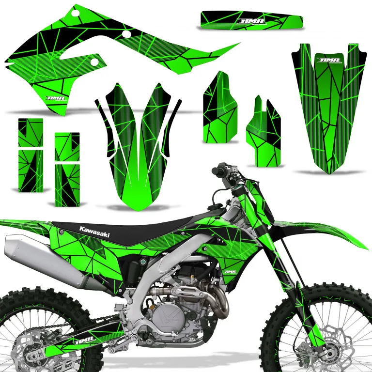 Geometrik Hintergrund = Schwarz, Designfarbe = Grün mit Nummernfeldern für Kawasaki KX250F 2021-2024