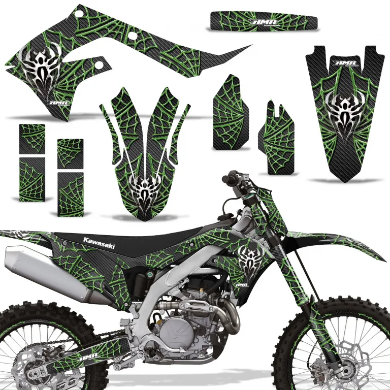 Widow Maker Hintergrund = Schwarz, Designfarbe = Grün mit Nummernfeldern für Kawasaki KX250F 2021-2024