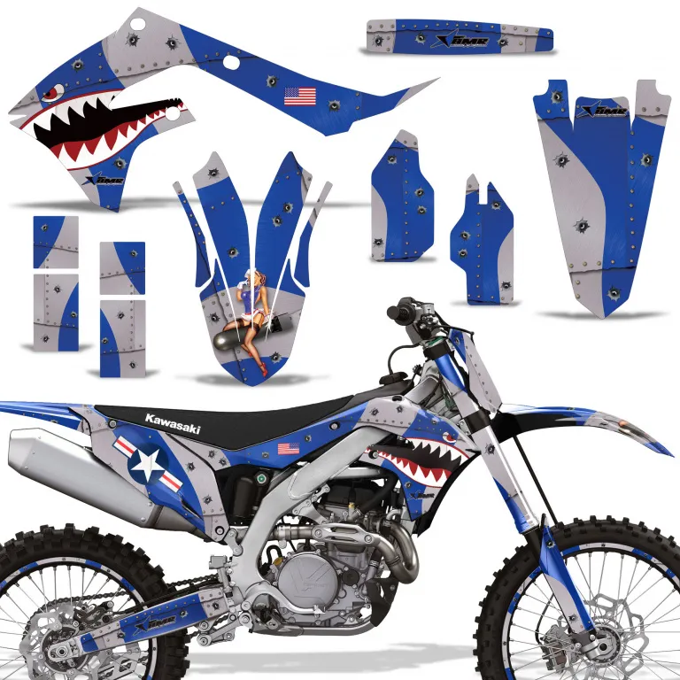 P40-Warhawk Blau mit Nummernfeldern für Kawasaki KX450F 2019-2023