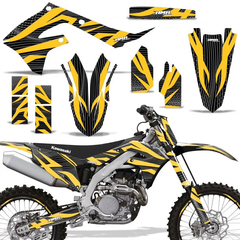 Zooted Hintergrund = Schwarz, Designfarbe = Gelb mit Nummernfeldern für Kawasaki KX250F 2021-2024