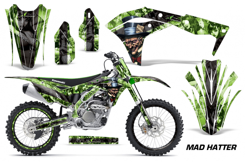 Mad-Hatter Hintergrund = Grün, Designfarbe = Schwarz mit Nummernfeldern für Kawasaki KX250F/KFX250 2017-2020
