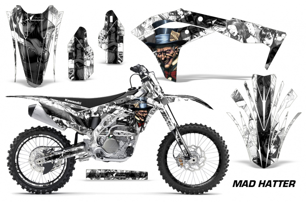 Mad-Hatter Hintergrund = Weiß, Designfarbe = Schwarz mit Nummernfeldern für Kawasaki KX250F/KFX250 2017-2020