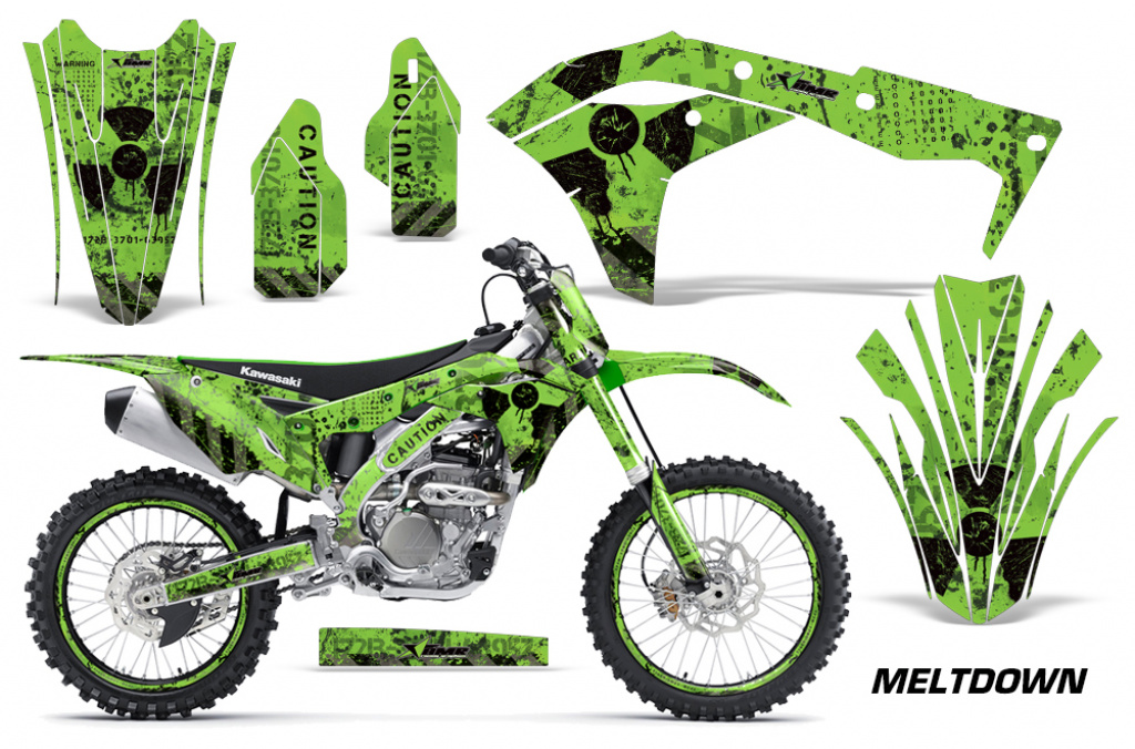 Meltdown Hintergrund = Schwarz, Designfarbe = Grün mit Nummernfeldern für Kawasaki KX250F/KFX250 2017-2020