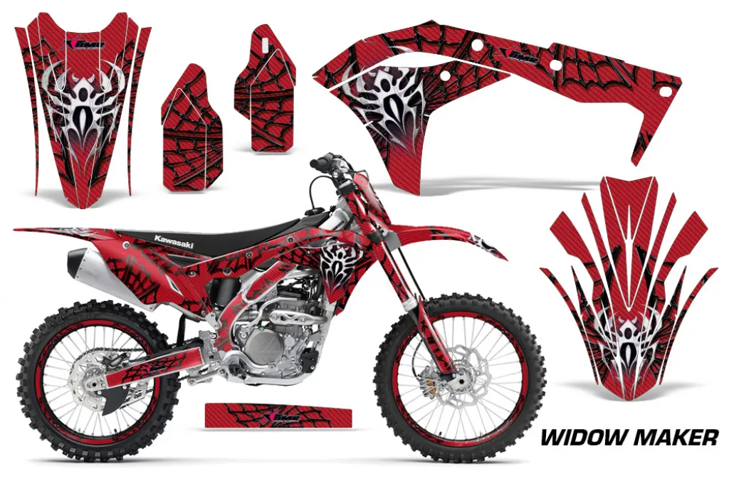 Widow Maker Hintergrund = Rot, Designfarbe = Schwarz mit Nummernfeldern für Kawasaki KX250F/KFX250 2017-2020