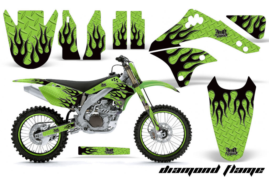 Diamond Flames Background = Green, Design color = Black with number plates for Kawasaki KX450F 2006-2008