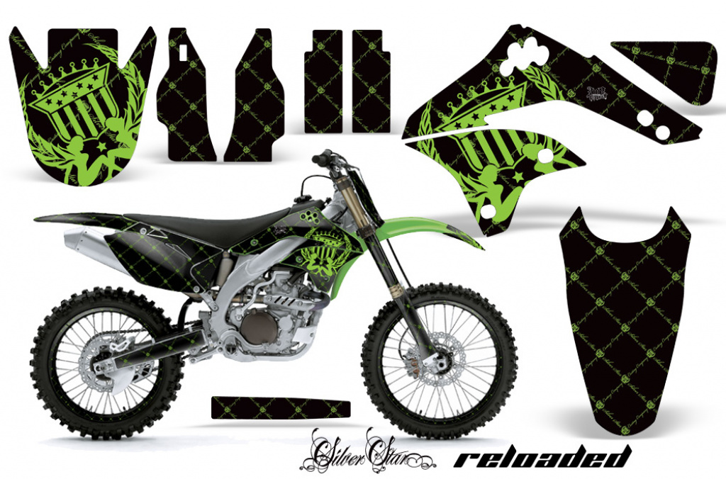 SilverStar - Reloaded Background = Black, Design color = Green with number plates for Kawasaki KX450F 2006-2008