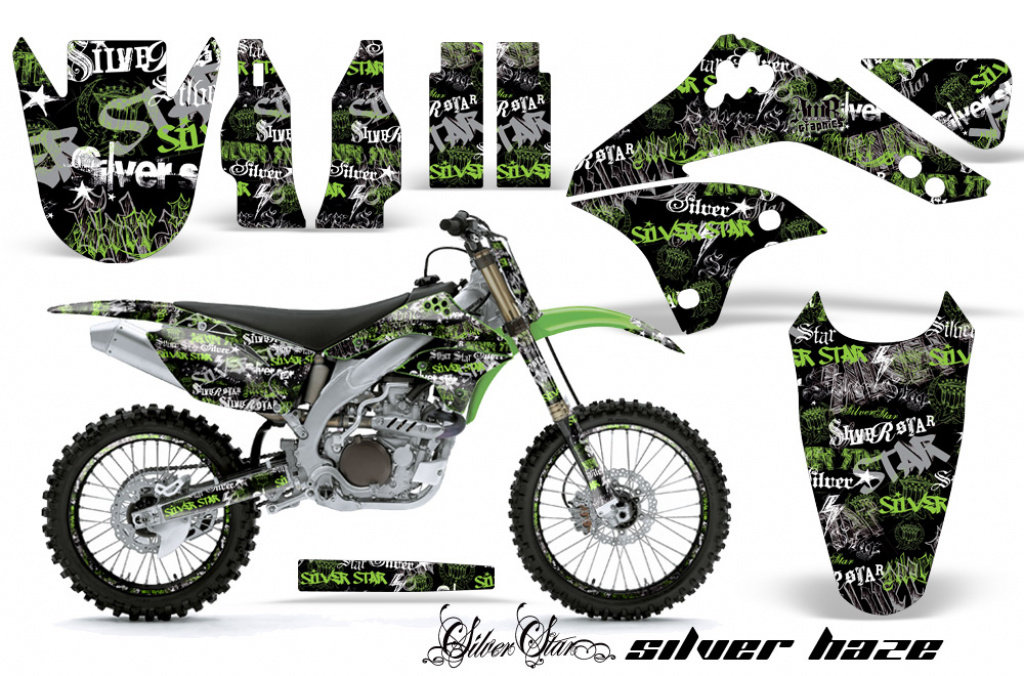 SilverStar - Silverhaze Background = Black, Design color = Green with number plates for Kawasaki KX450F 2006-2008