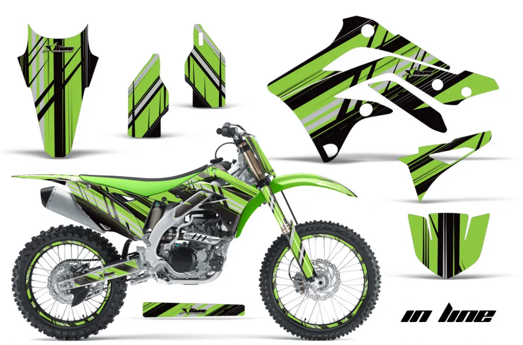 In Line Hintergrund = Schwarz, Designfarbe = Grün mit Nummernfeldern für Kawasaki KX450F 2012-2015