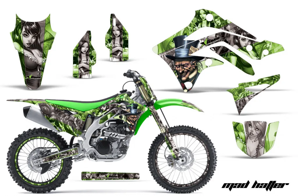 Mad-Hatter Hintergrund = Grün, Designfarbe = Silber mit Nummernfeldern für Kawasaki KX450F 2012-2015