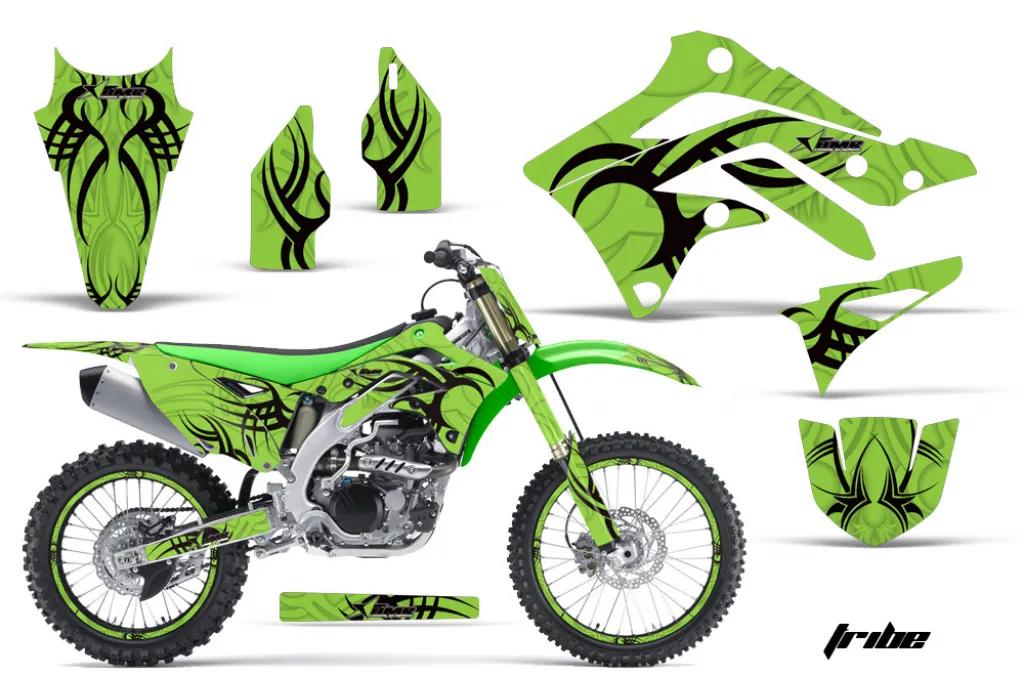 Tribe Hintergrund = Grün, Designfarbe = Schwarz mit Nummernfeldern für Kawasaki KX450F 2012-2015
